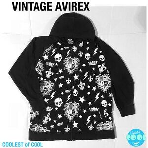 vintage Y2k Avirex Hoodie Mens XXL Black Full Zip Rare Skull Stars Streetwear